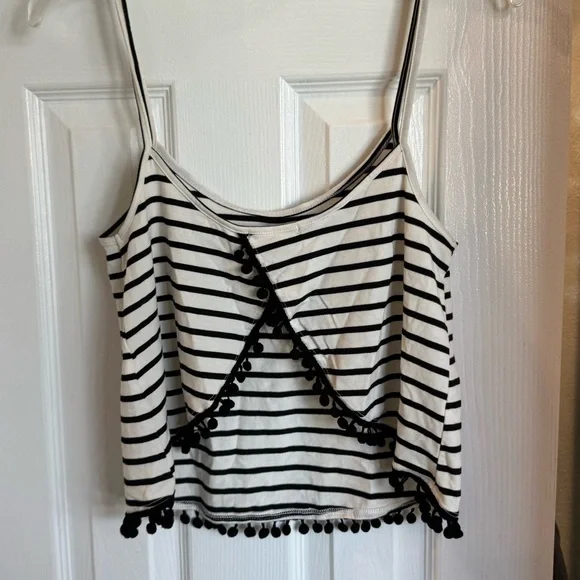 4/$15 Charlotte Russe Black and White Striped Camisole with Pompom Trim XS - Picture 2 of 4